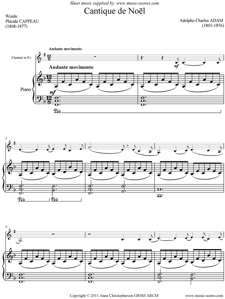 Front page of O Holy Night, or Cantique de Noel.  Clarinet, Piano. sheet music