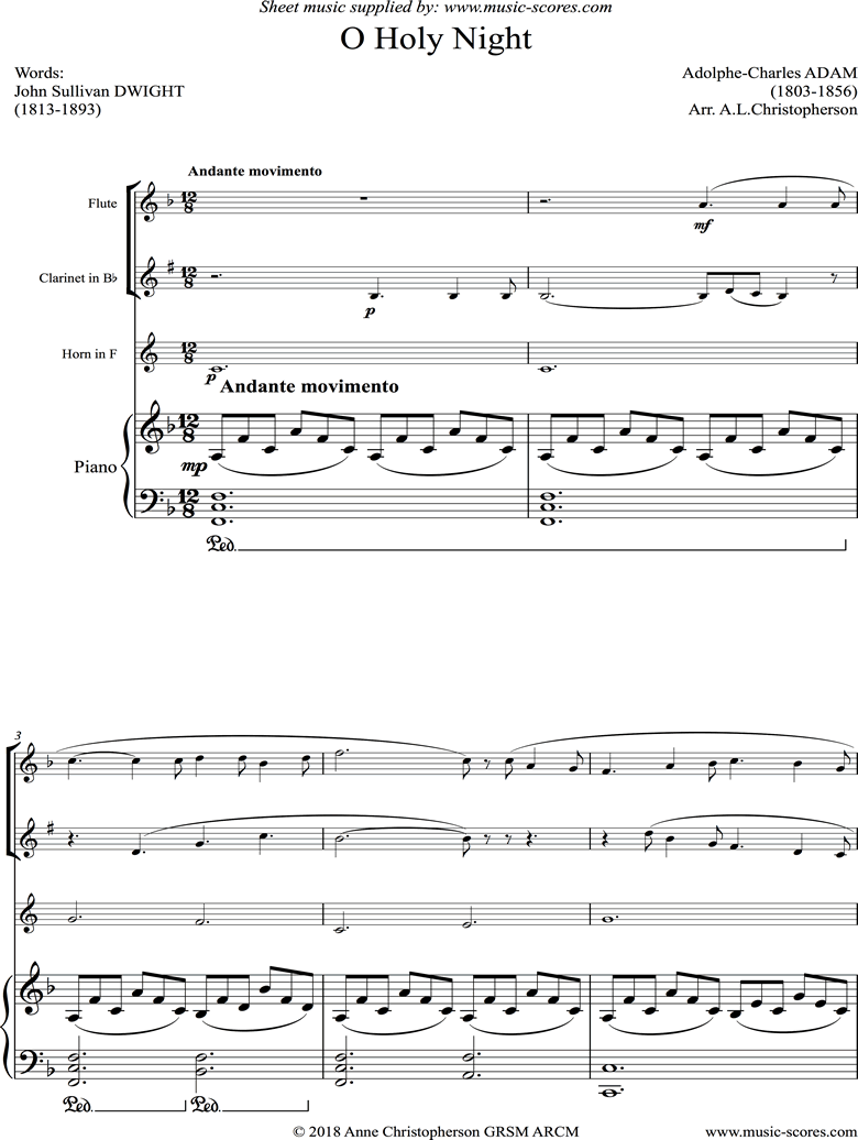 Front page of O Holy Night, or Cantique de Noel. Flute, Clarinet, Horn in F, Piano. sheet music