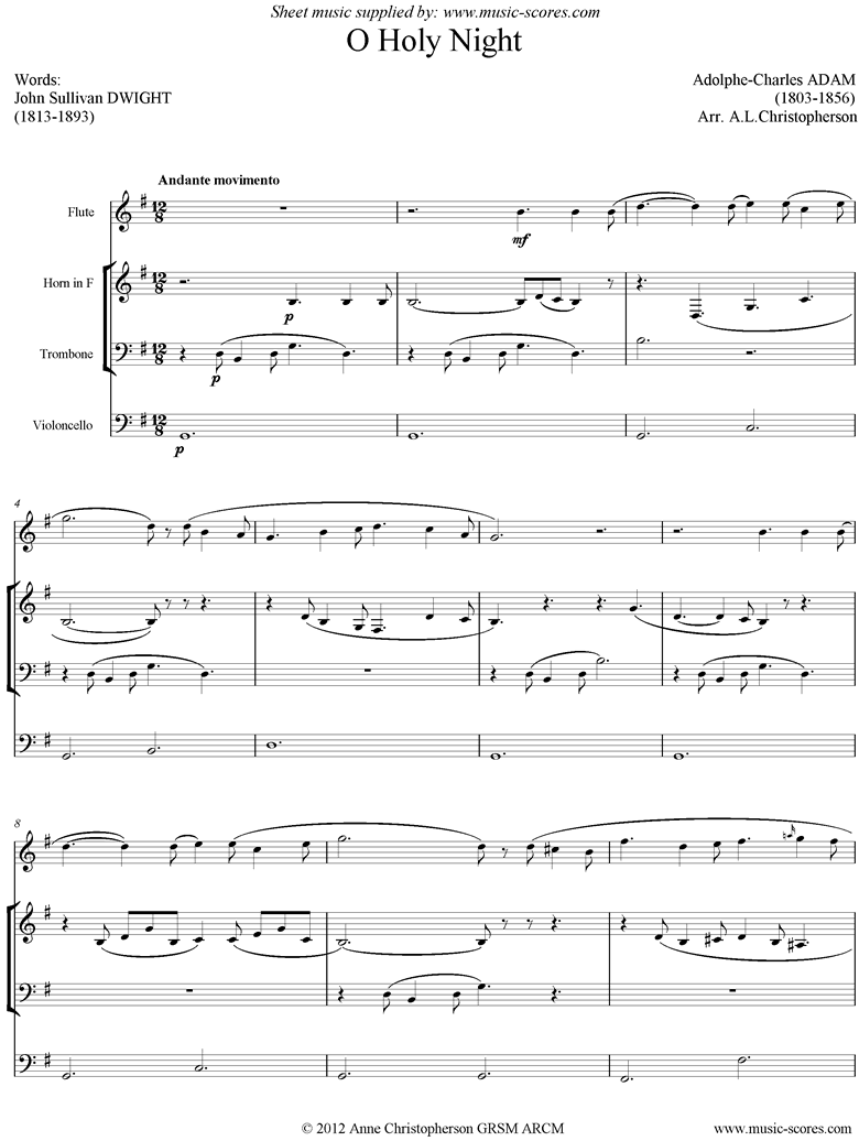 Front page of O Holy Night, or Cantique de Noel. Flute, Horn, Trombone, Cello. sheet music
