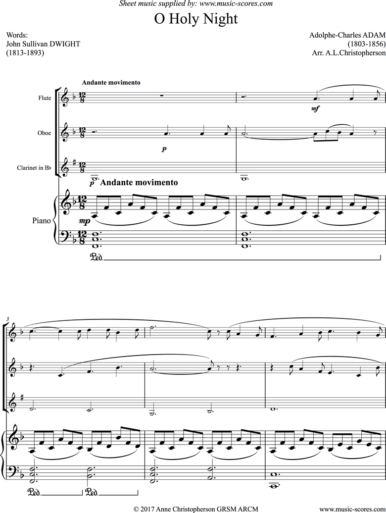 Front page of O Holy Night, or Cantique de Noel. Flute, Oboe, Clarinet, Piano sheet music