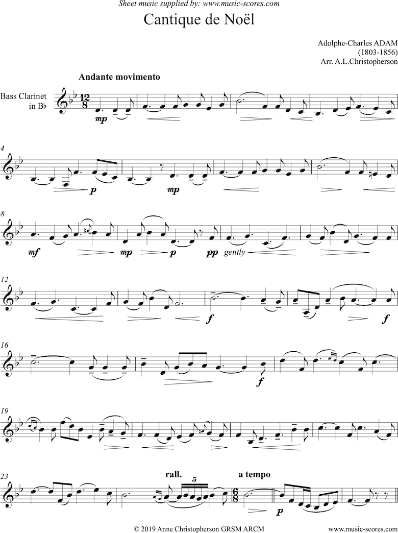 Front page of O Holy Night, or Cantique de Noel. Solo Bass Clarinet sheet music