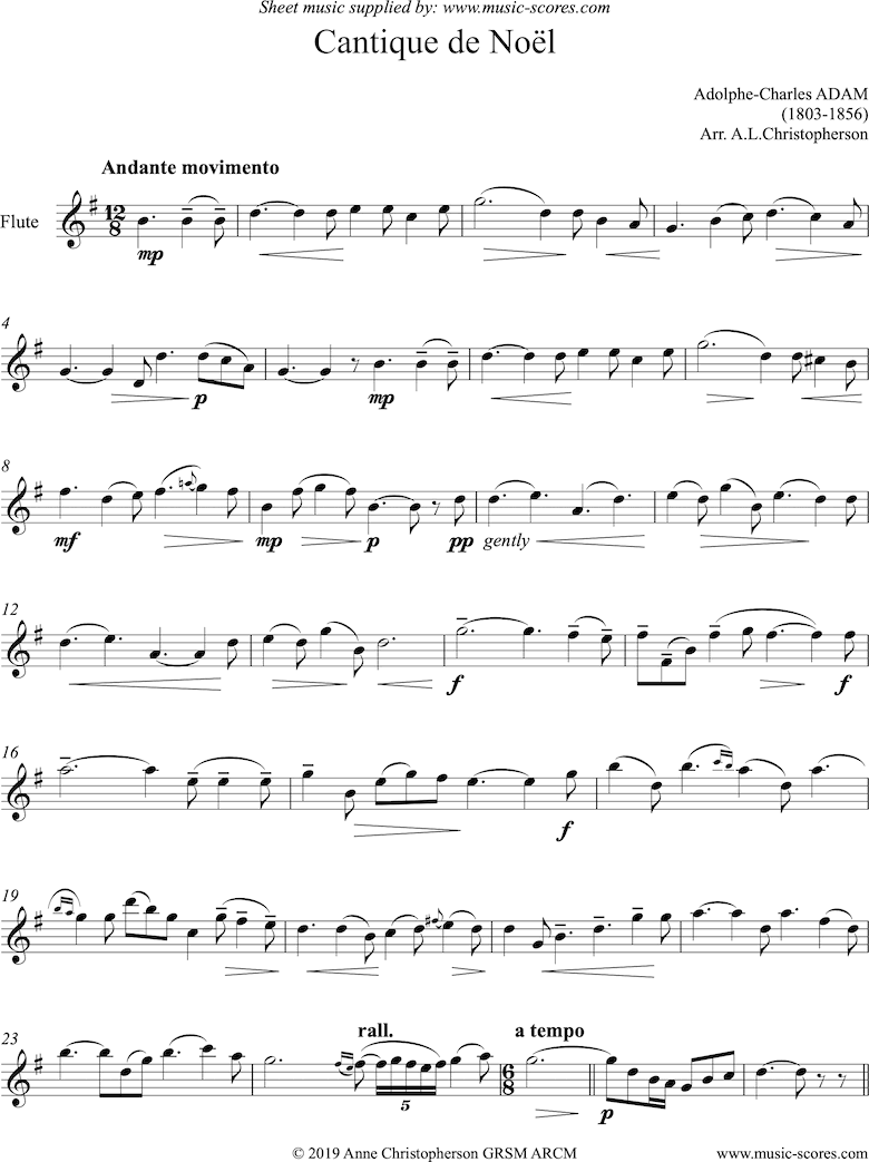 Front page of O Holy Night, or Cantique de Noel. Solo Flute sheet music