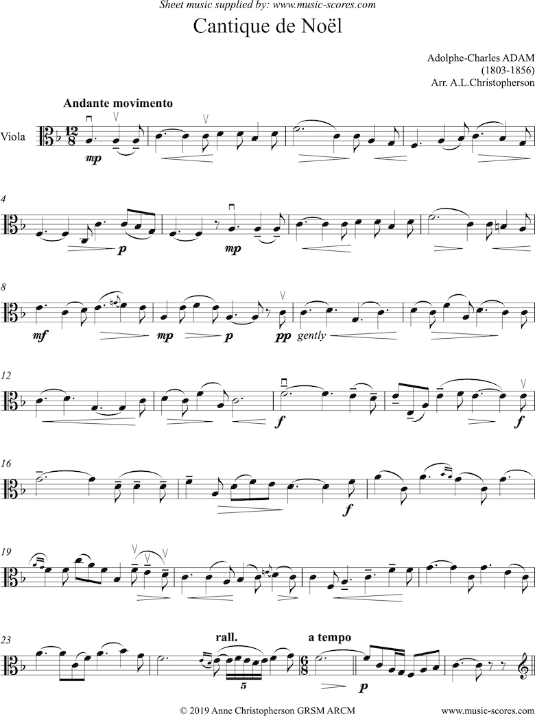 Front page of O Holy Night, or Cantique de Noel. Solo Viola sheet music