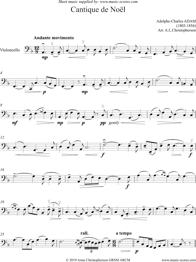 Front page of O Holy Night, or Cantique de Noel. Solo Cello sheet music