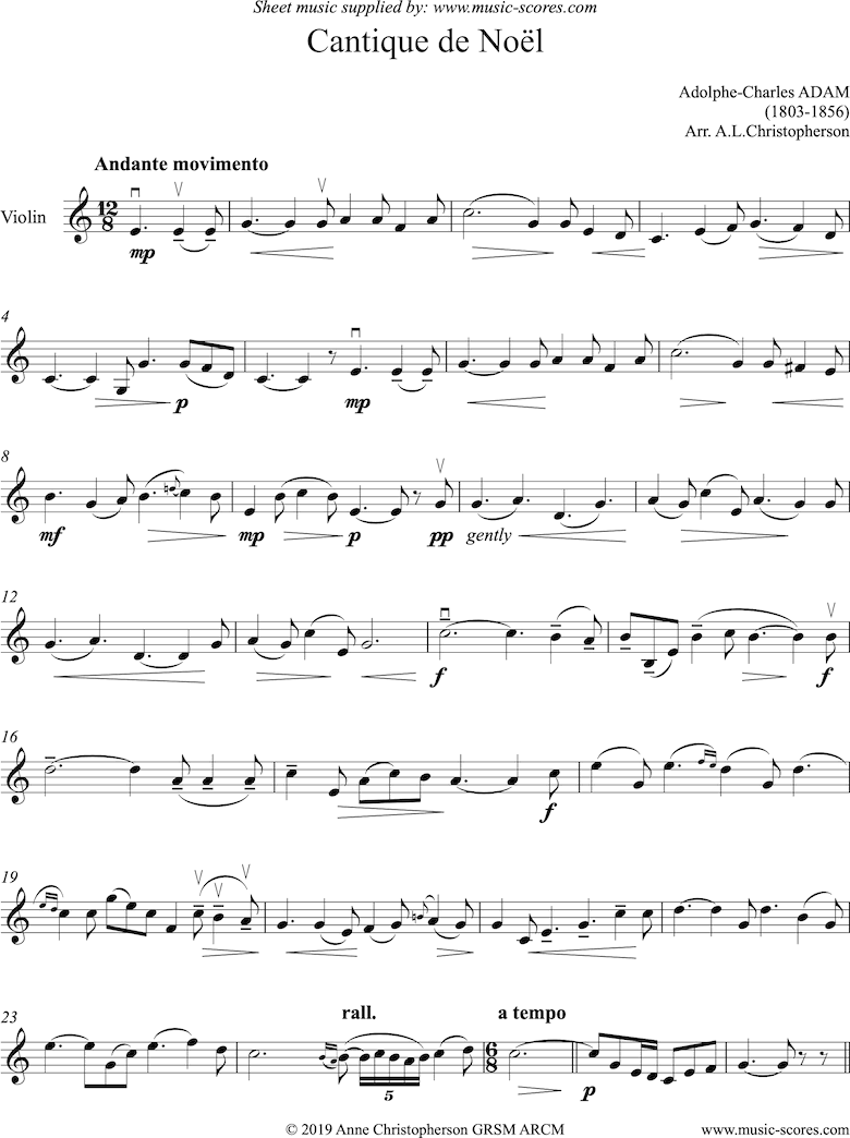 Front page of O Holy Night, or Cantique de Noel. Solo Violin sheet music