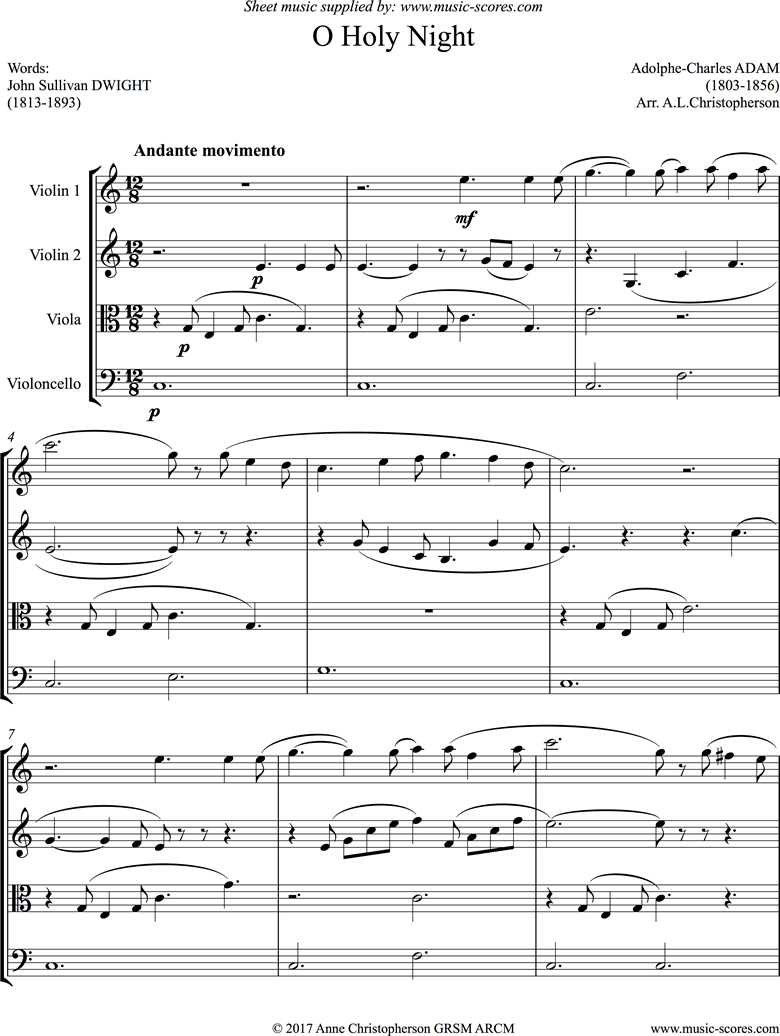 Front page of O Holy Night, or Cantique de Noel. String Quartet sheet music