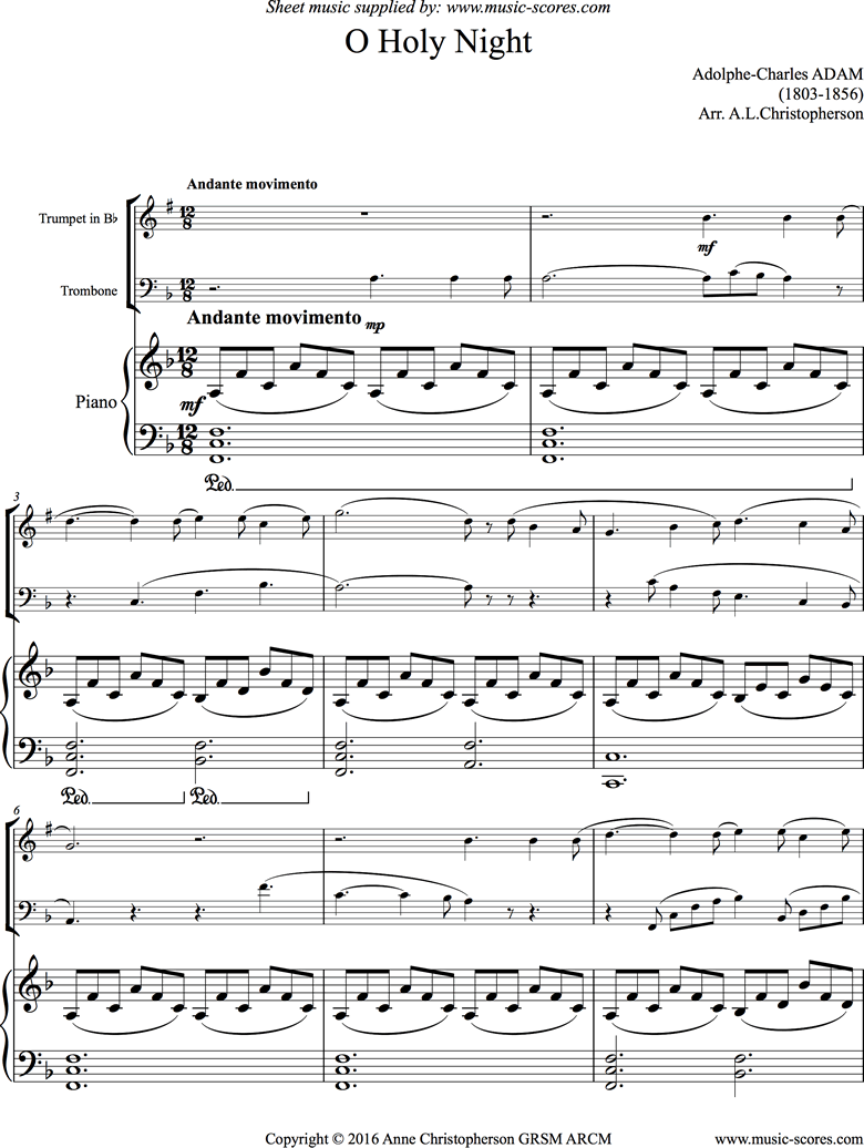 Front page of O Holy Night, or Cantique de Noel. Trumpet, Trombone, Piano sheet music
