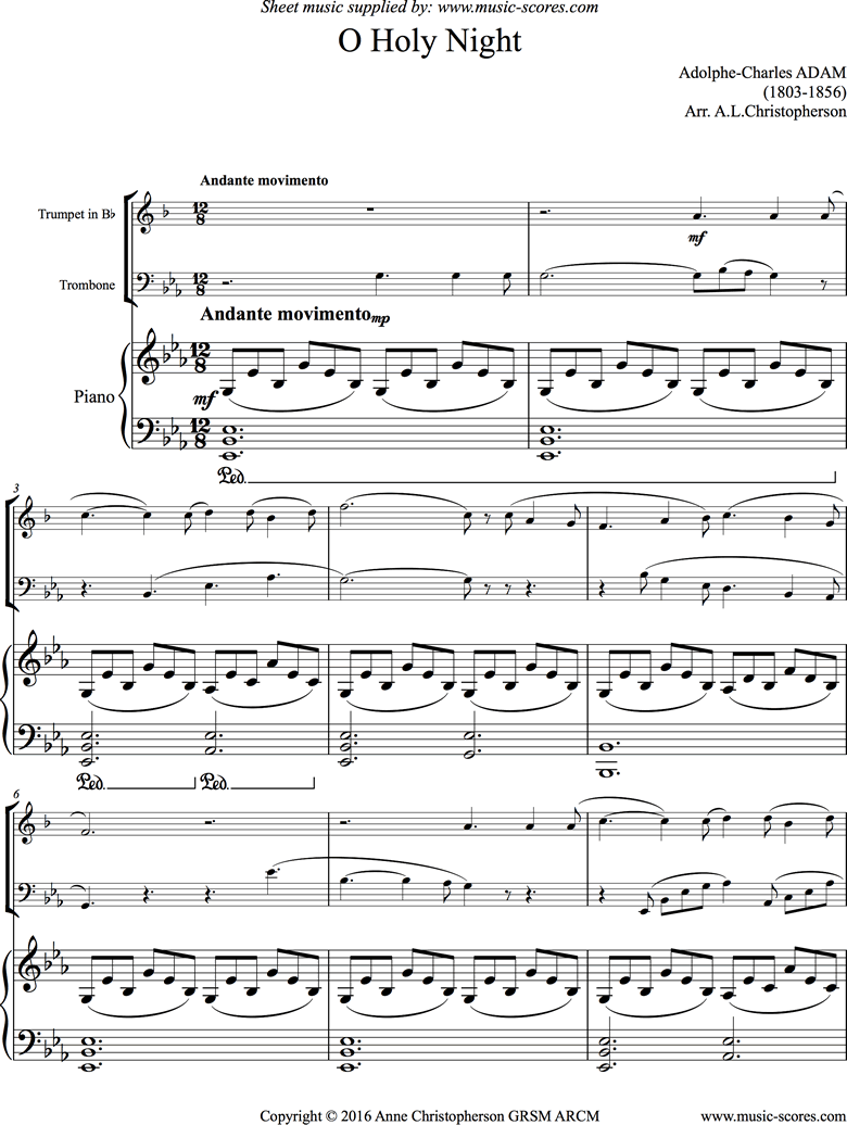 Front page of O Holy Night, or Cantique de Noel. Trumpet, Trombone, Piano. Lower, Eb sheet music