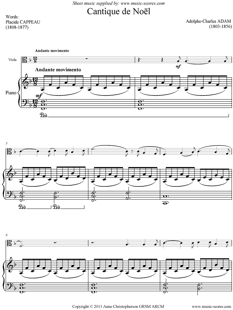 Front page of O Holy Night, or Cantique de Noel. Viola, Piano sheet music