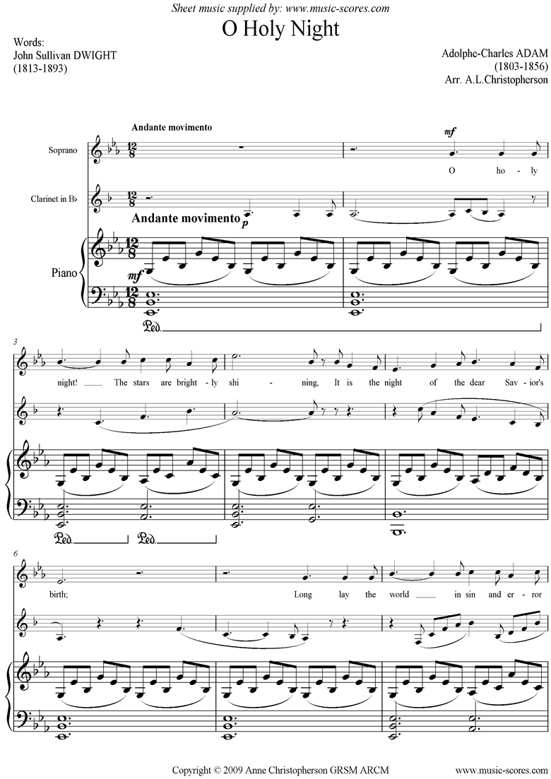 Front page of O Holy Night, or Cantique de Noel. Voice, Clarinet sheet music