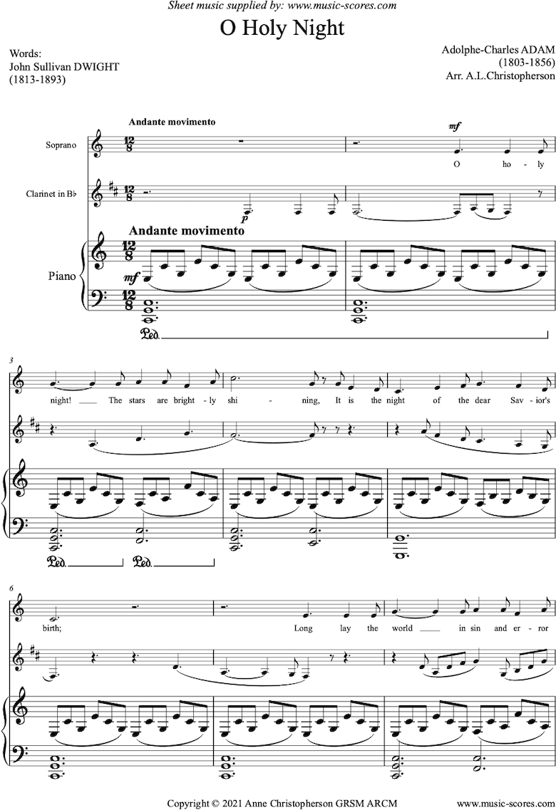Front page of O Holy Night, or Cantique de Noel. Voice, Clarinet Cma sheet music