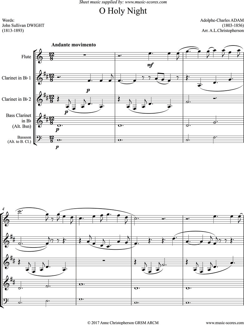 Front page of O Holy Night, or Cantique de Noel. Wind Quartet sheet music