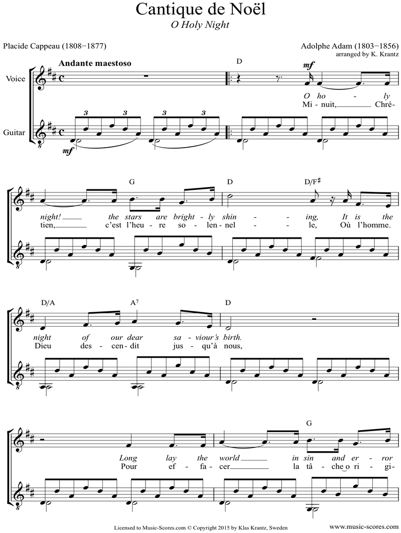 Front page of O Holy Night, or Cantique de Noel. Voice, Guitar, D ma sheet music