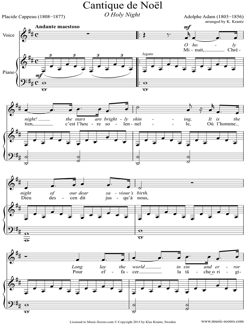 Front page of O Holy Night, or Cantique de Noel. Voice, Piano, D ma sheet music