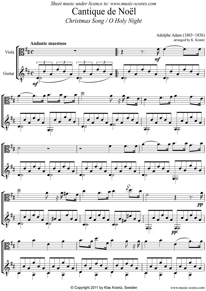Front page of O Holy Night, or Cantique de Noel. Viola, Guitar sheet music
