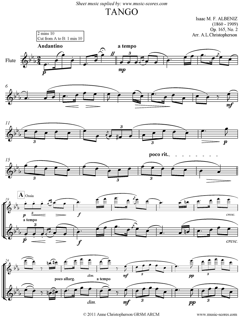 Front page of Tango: Op.165, No.2: Unaccompanied Flute. Eb ma. sheet music