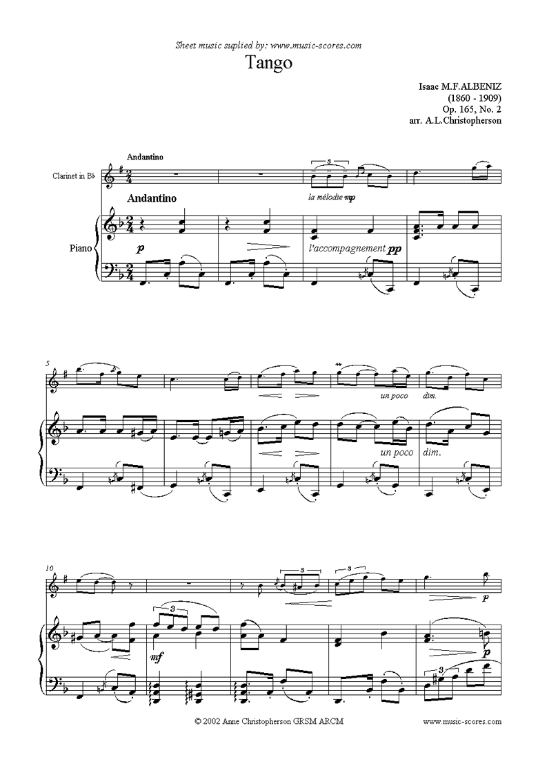 Front page of Tango: Op.165, No.2: Clarinet sheet music