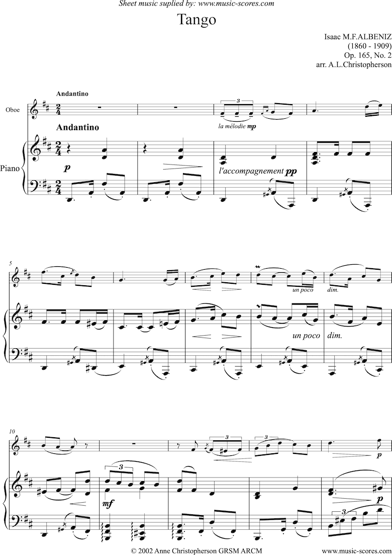 Front page of Tango: Op.165, No.2: Oboe sheet music