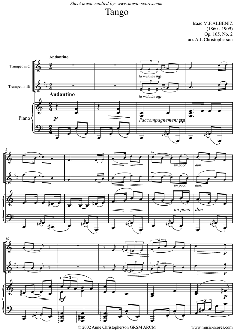 Front page of Tango: Op.165, No.2: Trumpet sheet music