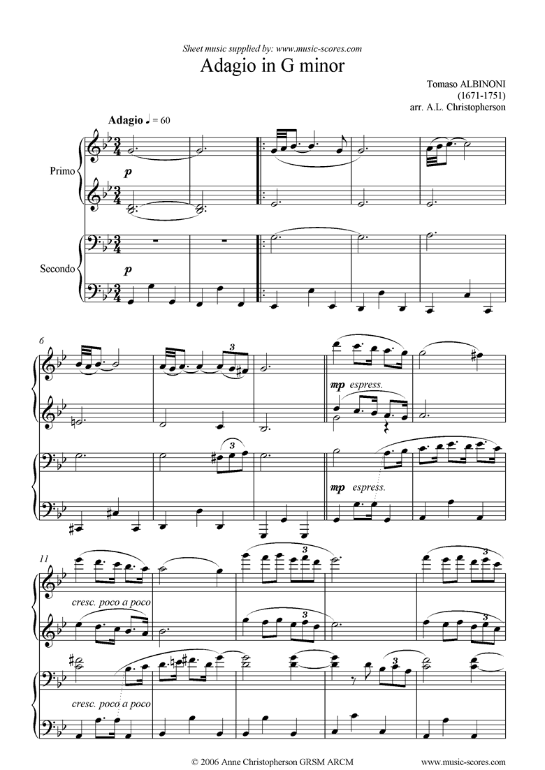 Front page of Adagio in G minor theme for piano duet. sheet music