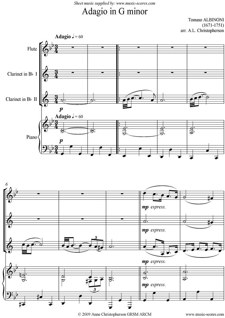 Front page of Adagio theme for Flute, 2 Clarinets and Piano. sheet music