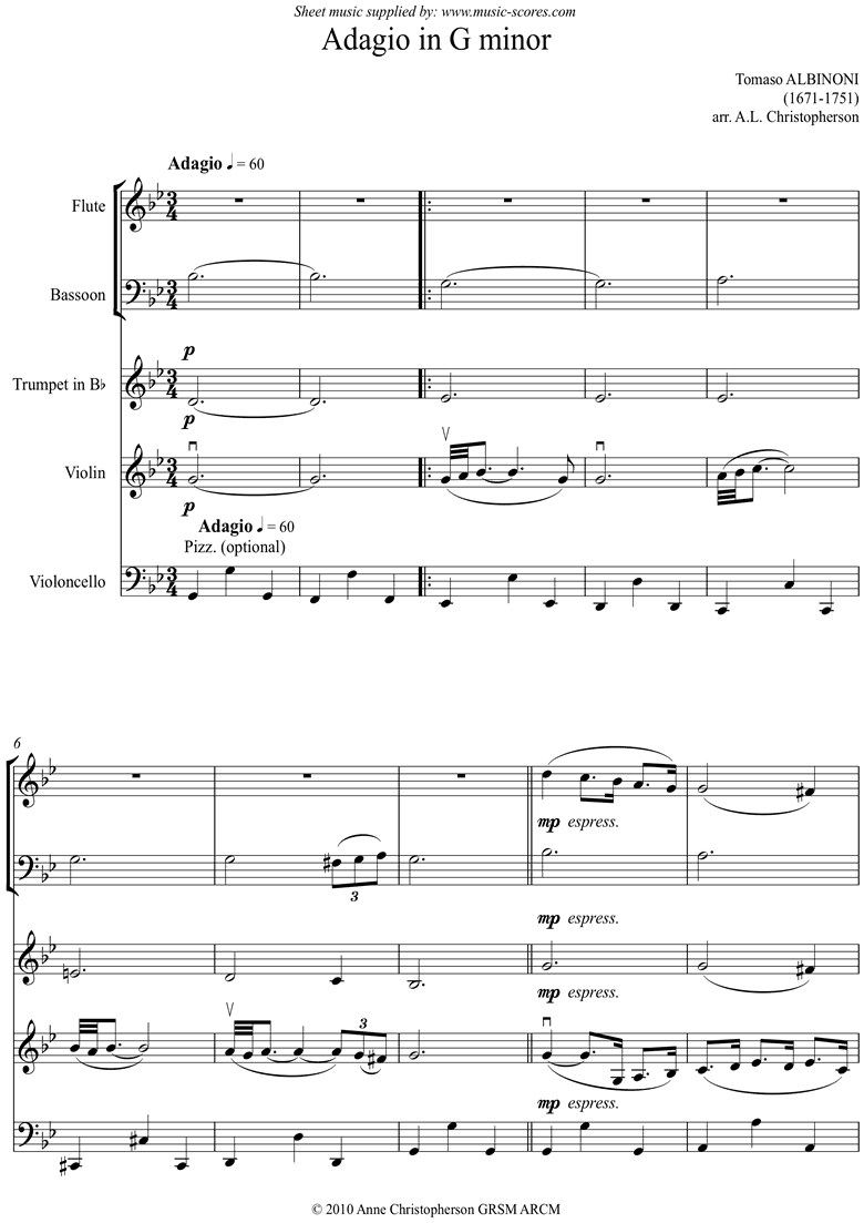 Front page of Adagio in G minor: Fl, Fg, Tpt, Vn, Vc sheet music