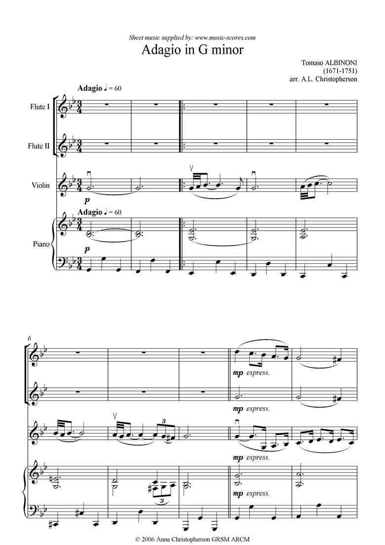 Front page of Adagio theme for 2 Flutes, Violin and Piano. sheet music
