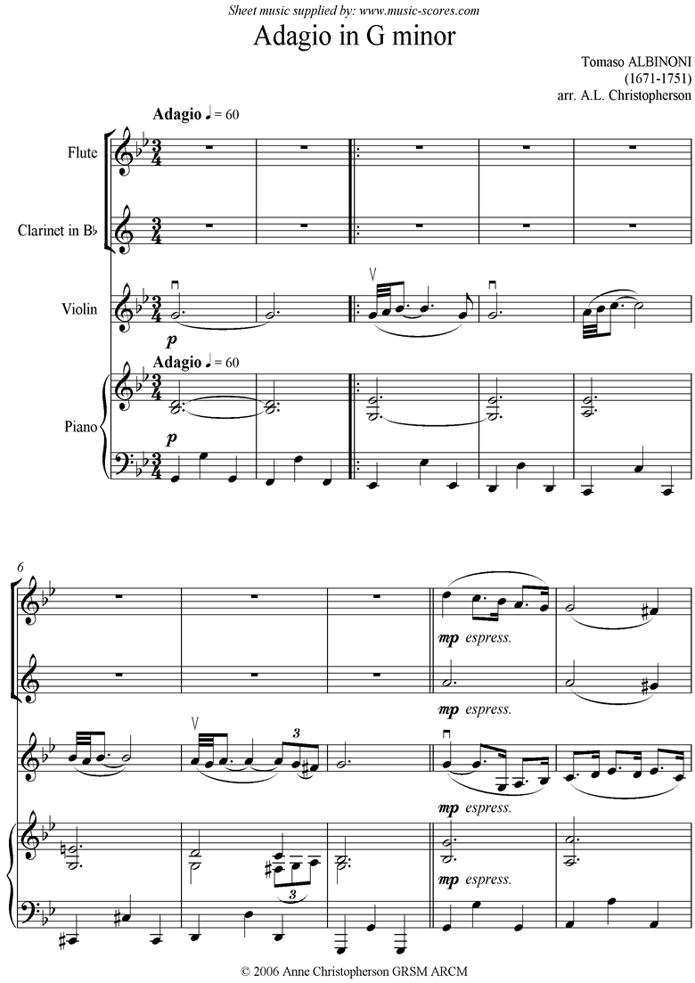 Front page of Adagio theme for Flutes, Clarinet, Violin and Piano sheet music