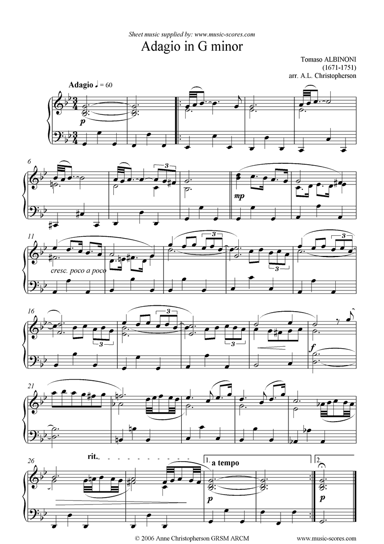 Front page of Adagio in G minor theme for piano. sheet music