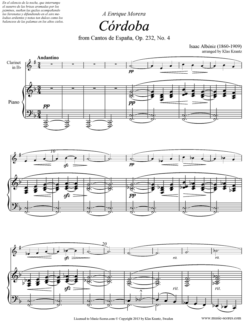 Front page of Op.232, No.4 Cordoba: Clarinet sheet music
