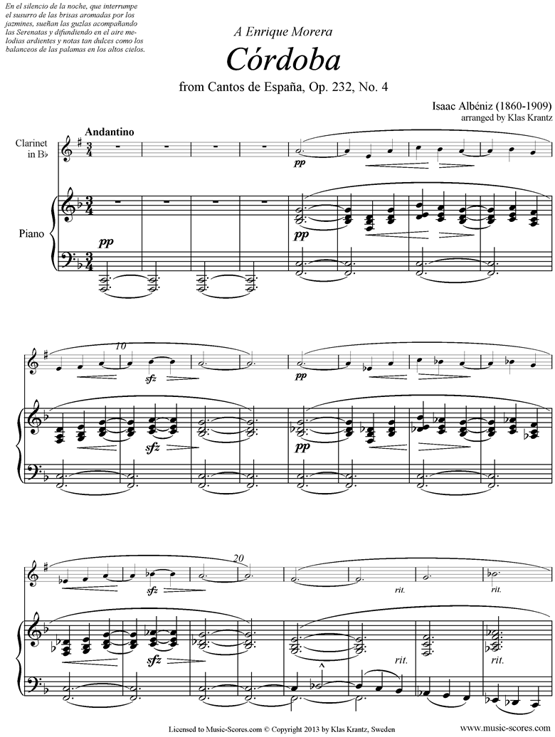 Albeniz. Op.232 No.4 Cordoba Clarinet classical sheet music