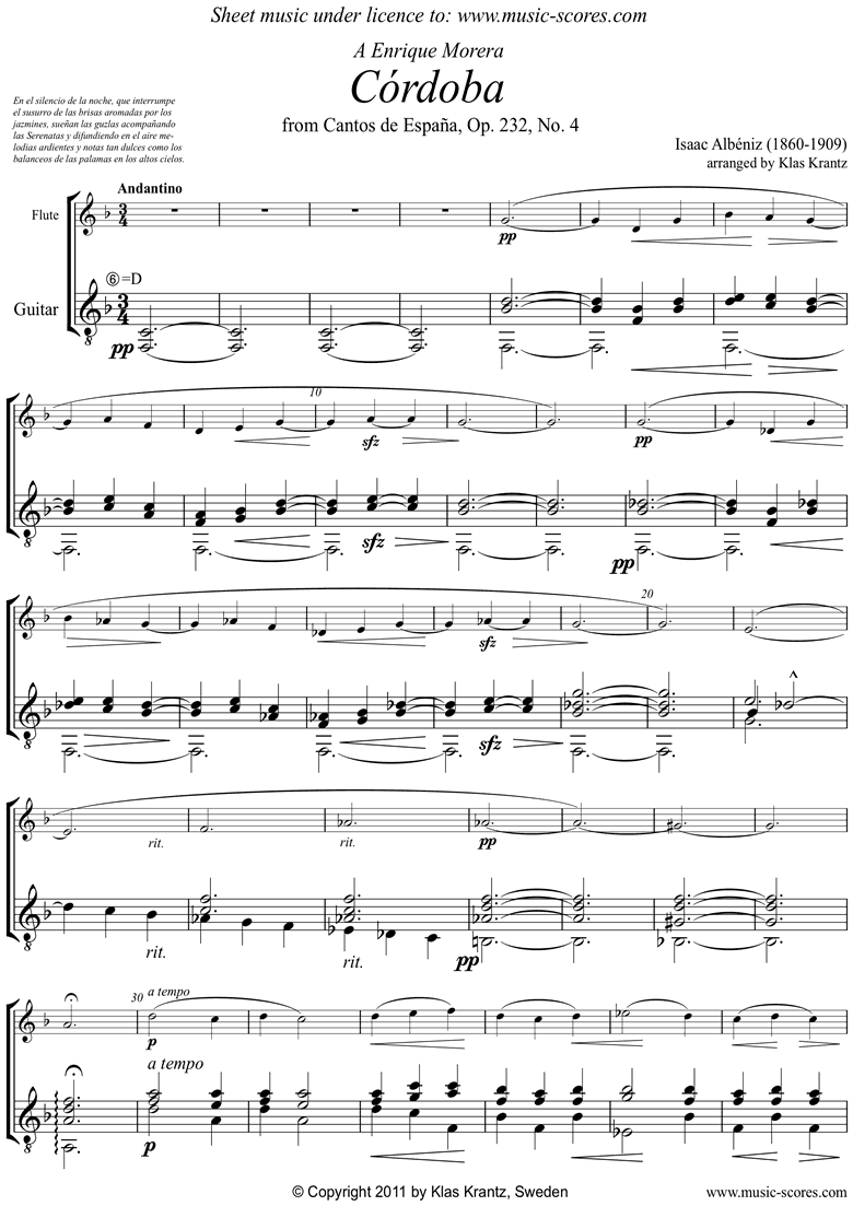 Front page of Op.232, No.4 Cordoba: Flute, Guitar sheet music