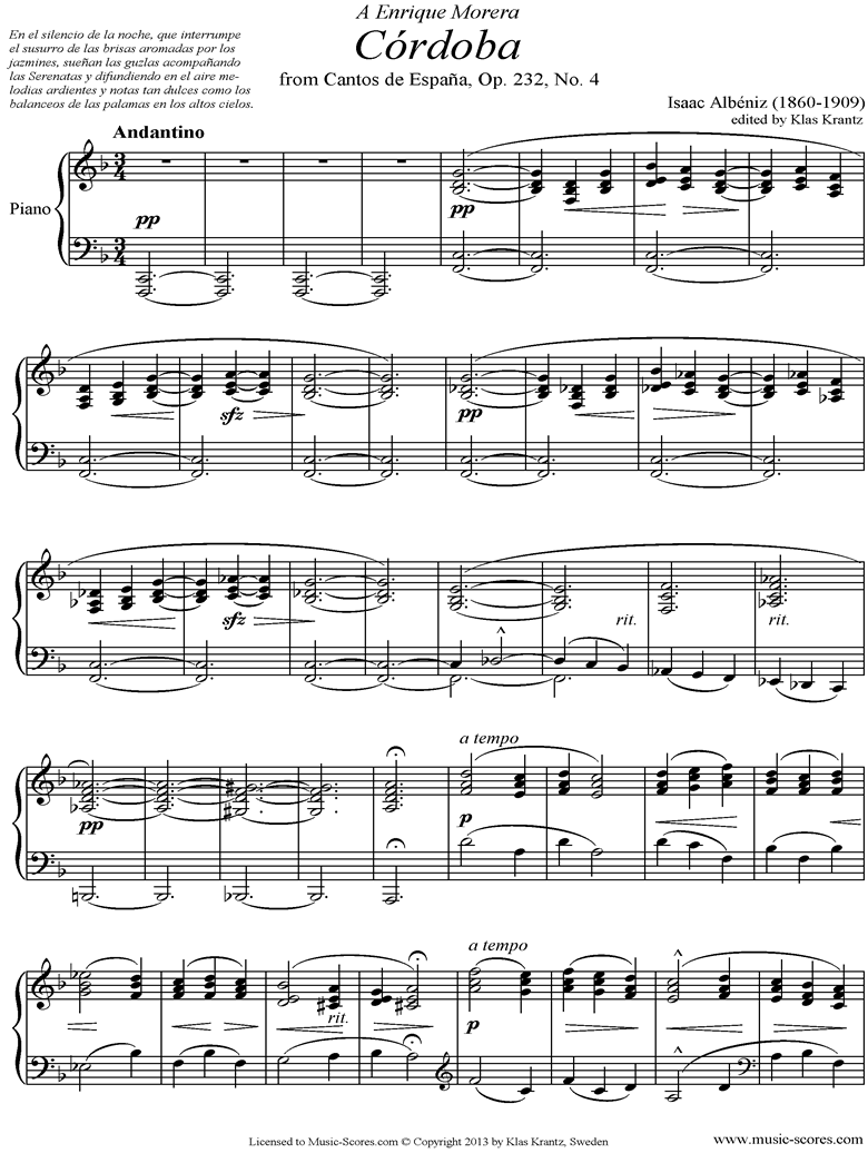Front page of Op.232, No.4 Cordoba:Piano sheet music