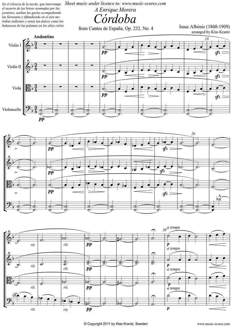 Front page of Op.232, No.4 Cordoba: String Quartet sheet music