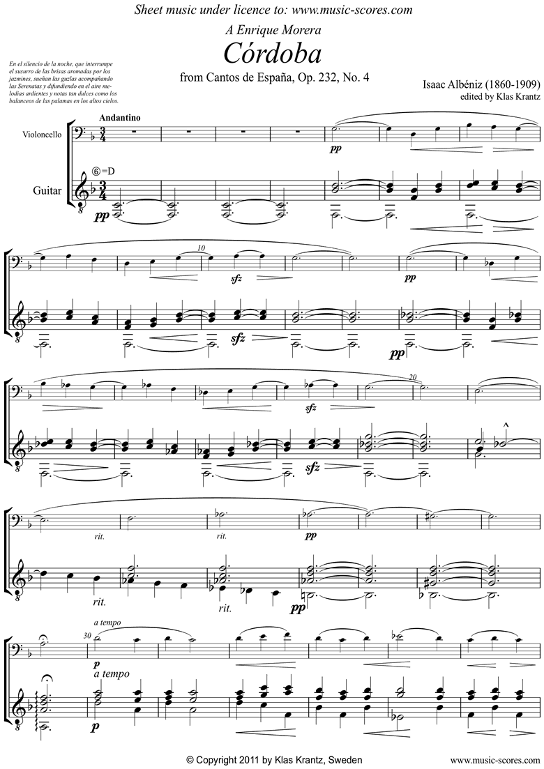 Front page of Op.232, No.4 Cordoba:Cello, Guitar sheet music