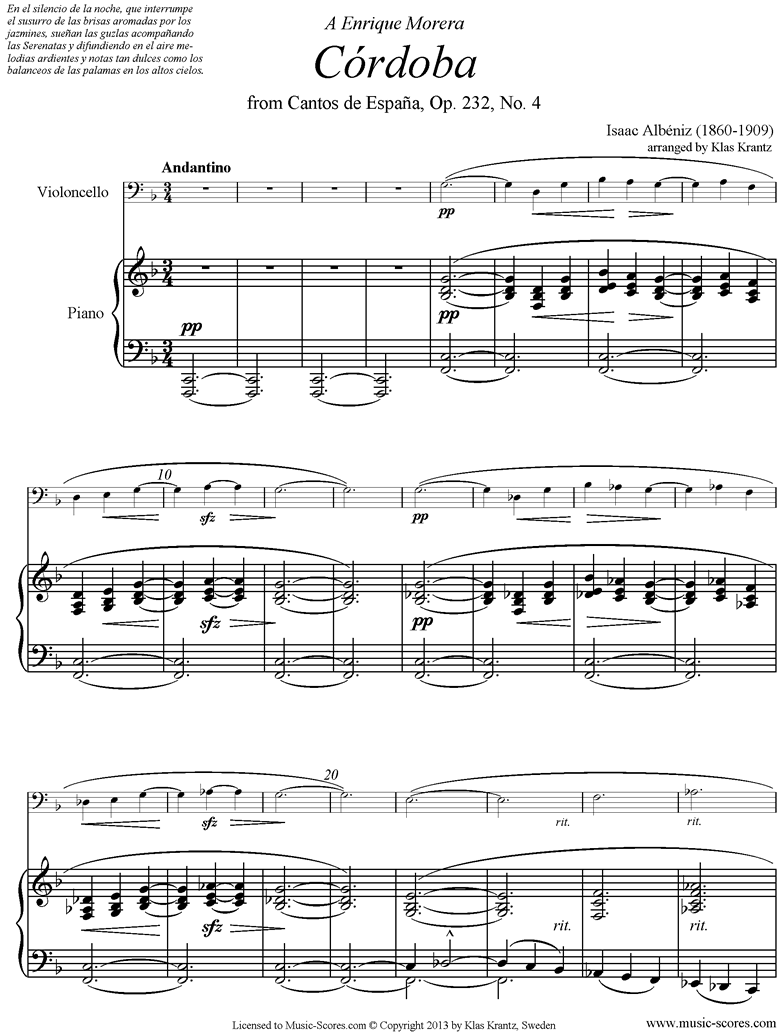 Front page of Op.232, No.4 Cordoba: Cello sheet music