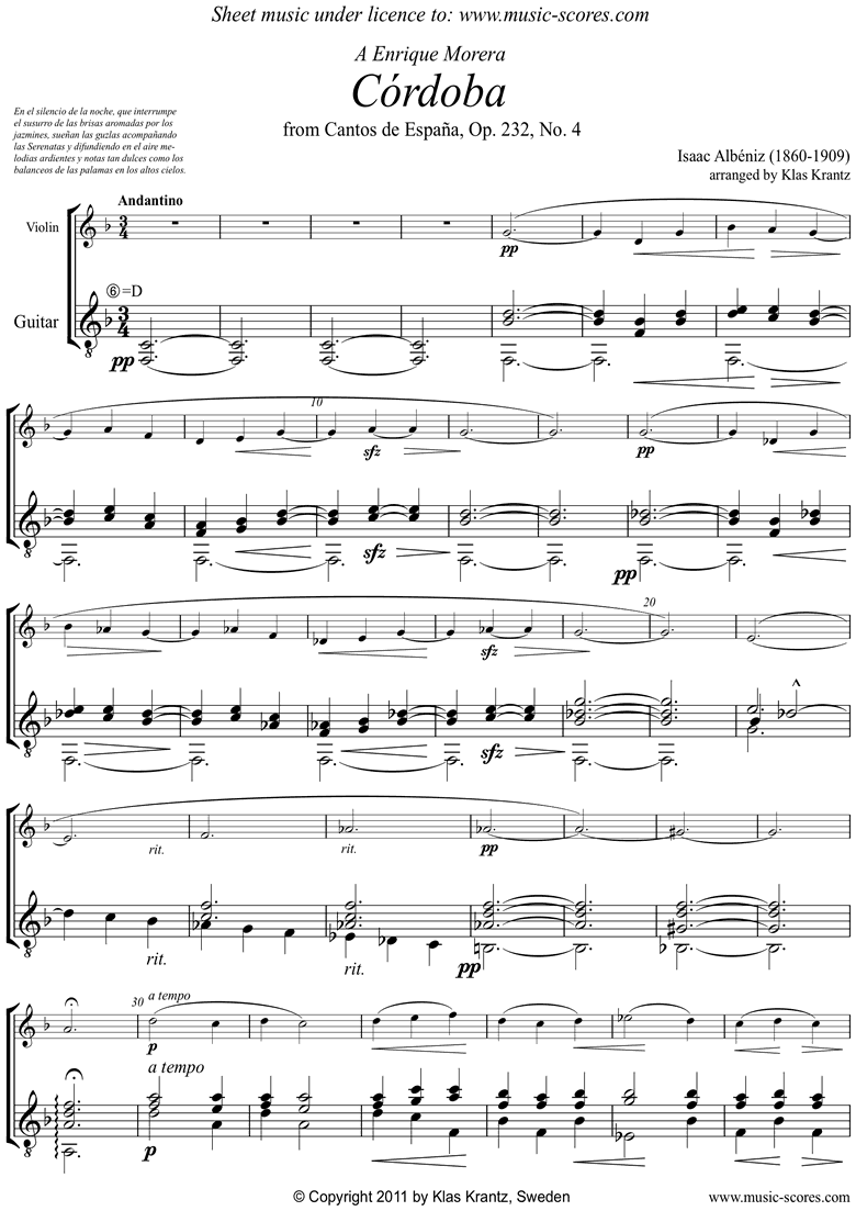 Front page of Op.232, No.4 Cordoba: Violin, Guitar sheet music