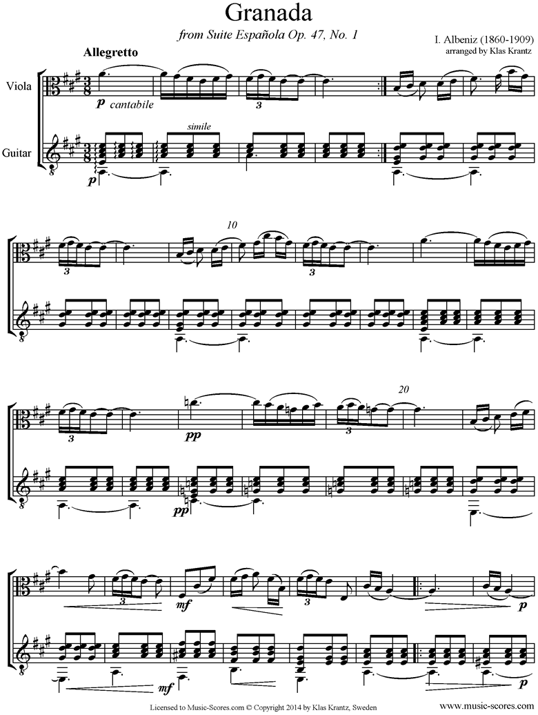 Front page of Op.47, No.1 Grenada: Viola, Guitar sheet music