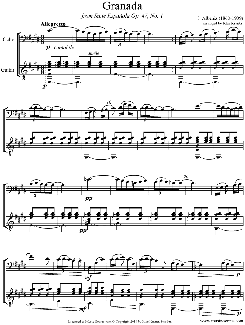 Front page of Op.47, No.1 Grenada: Cello, Guitar sheet music