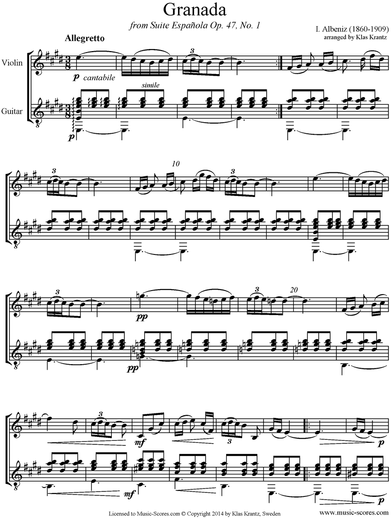 Front page of Op.47, No.1 Grenada: Violin, Guitar sheet music