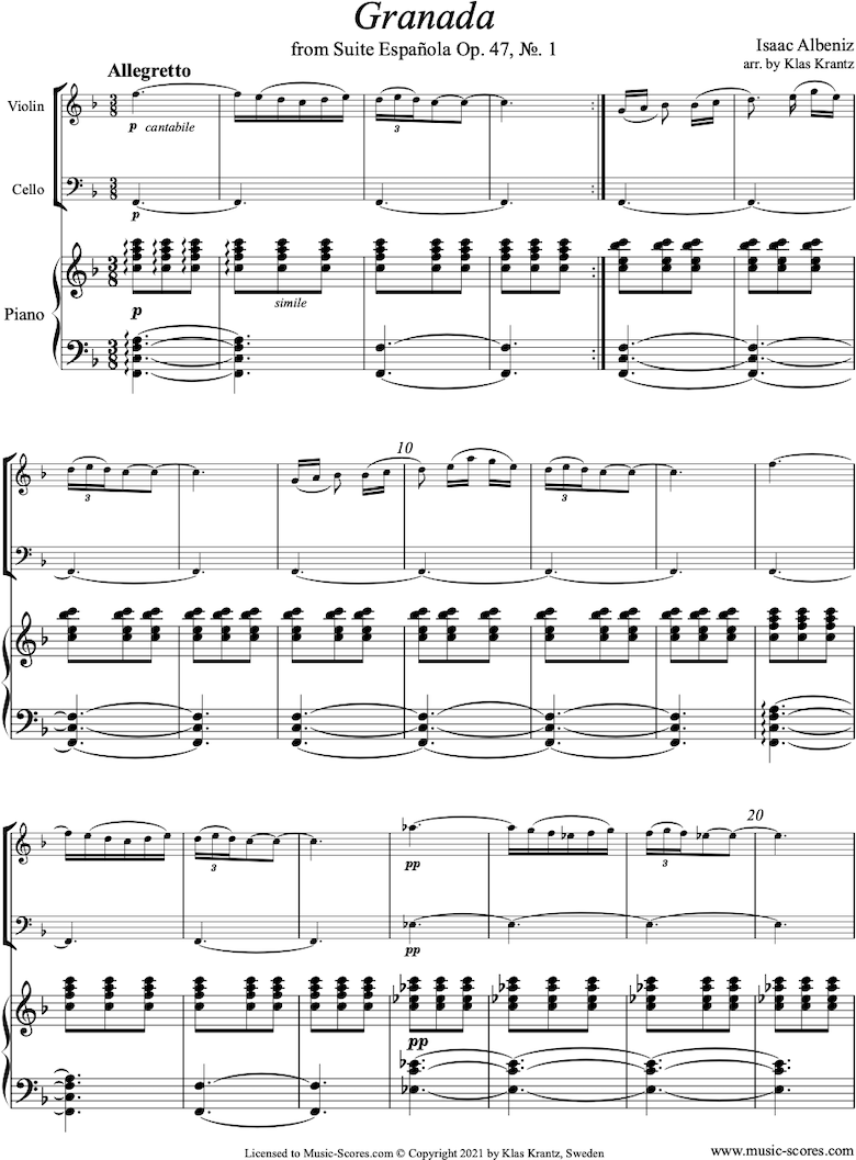 Front page of Op.47, No.1 Grenada: Violin, Cello, Piano sheet music