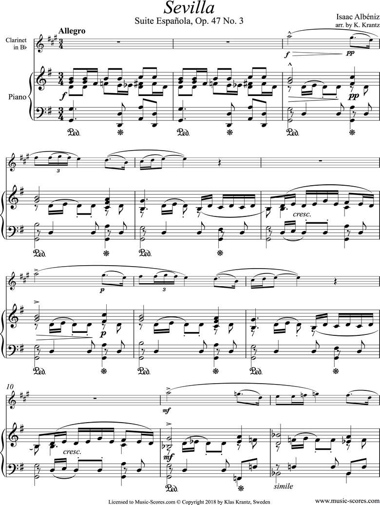 Front page of Op.47, No.3 Sevilla: Clarinet, Piano sheet music