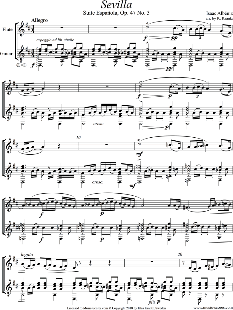 Front page of Op.47, No.3 Sevilla: Flute, Guitar sheet music