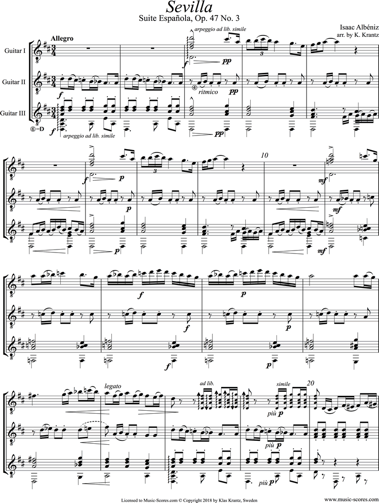 Front page of Op.47, No.3 Sevilla: 3 Guitars sheet music