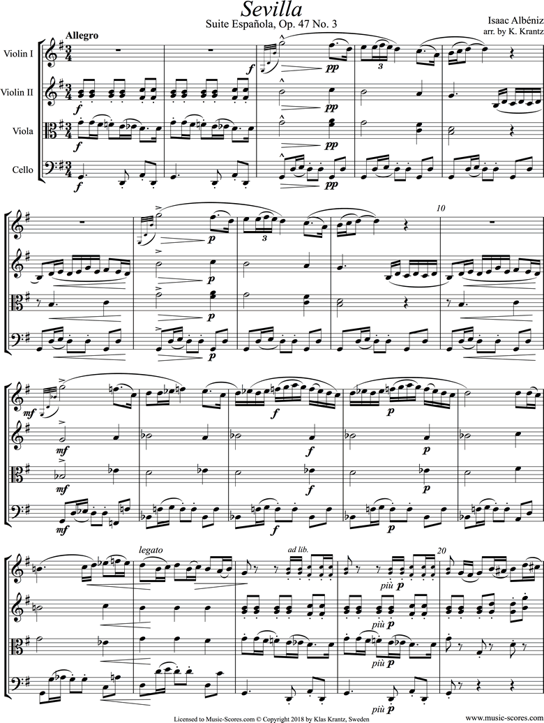 Front page of Op.47, No.3 Sevilla: String Quartet sheet music