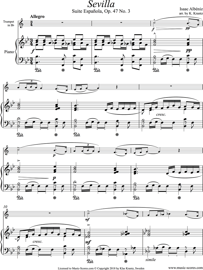Front page of Op.47, No.3 Sevilla: Trumpet, Piano sheet music