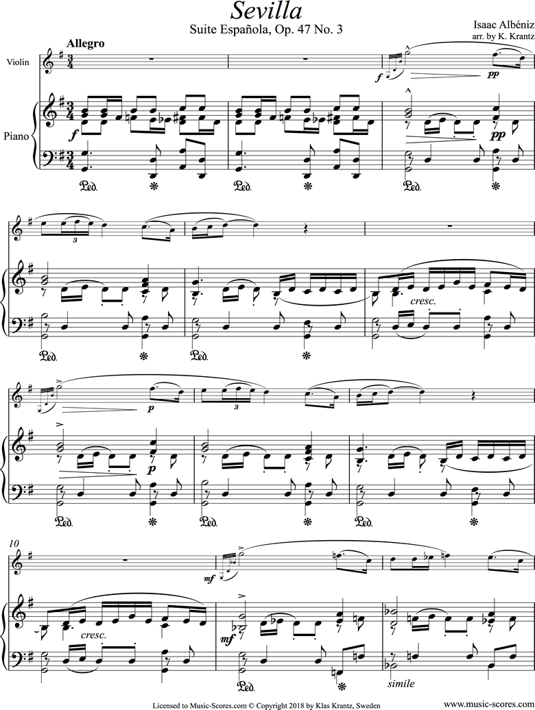 Front page of Op.47, No.3 Sevilla: Violin, Piano sheet music