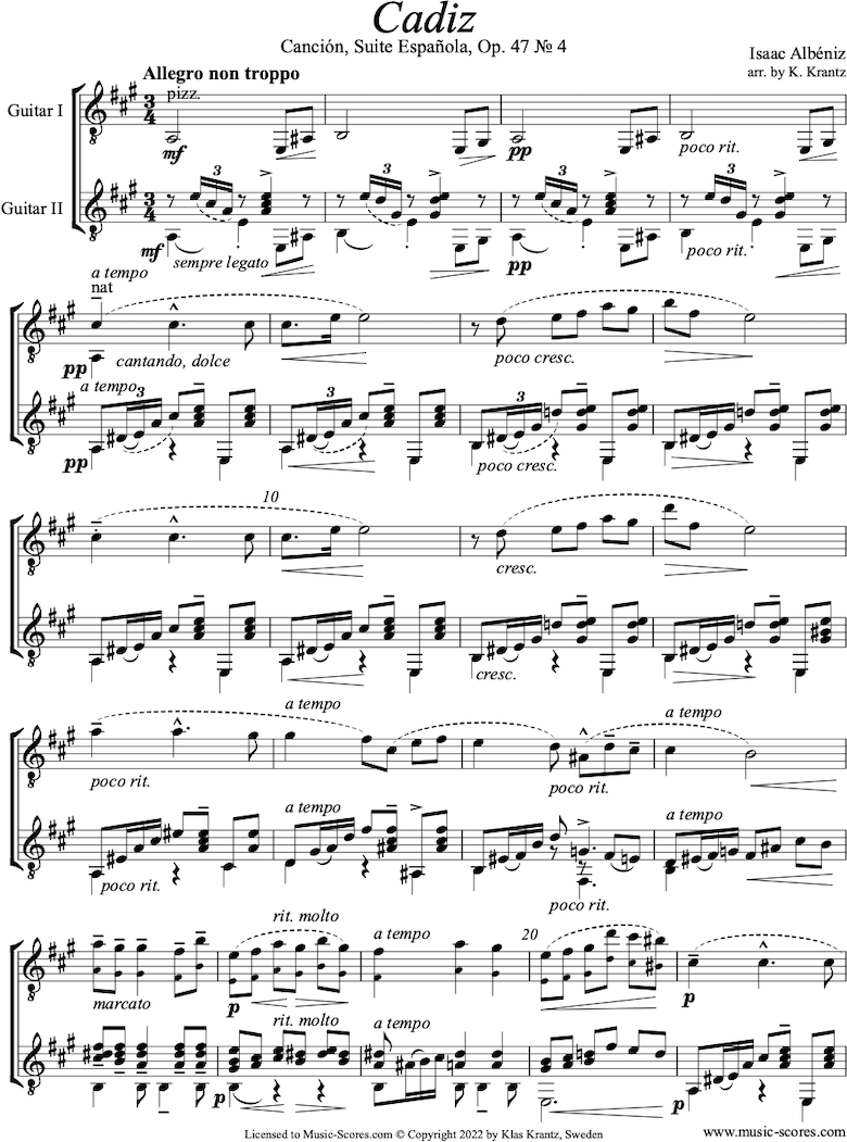 Front page of Op.47, No.4 Cadiz: A major: 2 Guitars sheet music