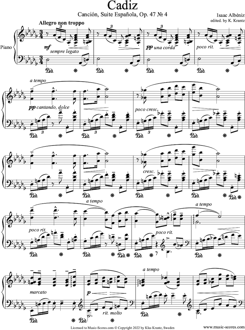 Front page of Op.47, No.4 Cadiz:  Piano sheet music