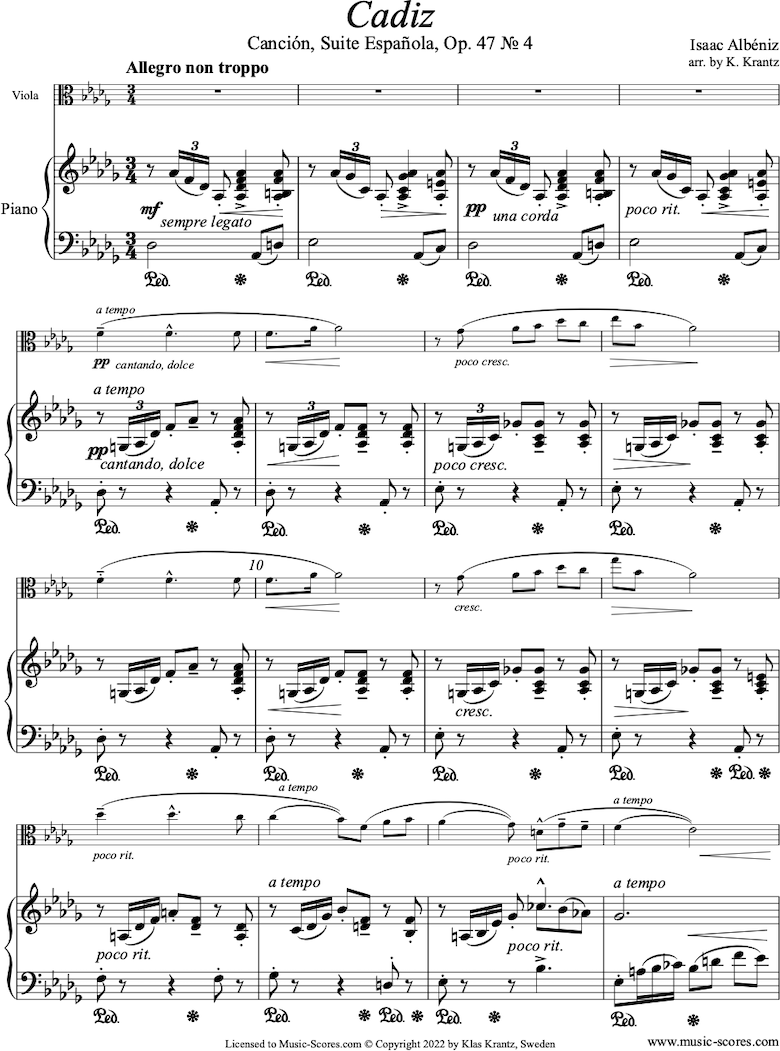 Front page of Op.47, No.4 Cadiz: Viola, Piano sheet music